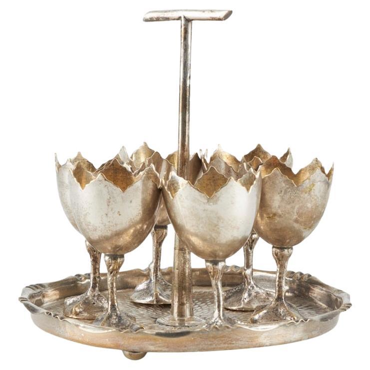 Set of Six Silver Plated Brass Egg Cups and Tray