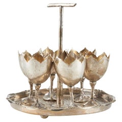 Set of Six Silver Plated Brass Egg Cups and Tray