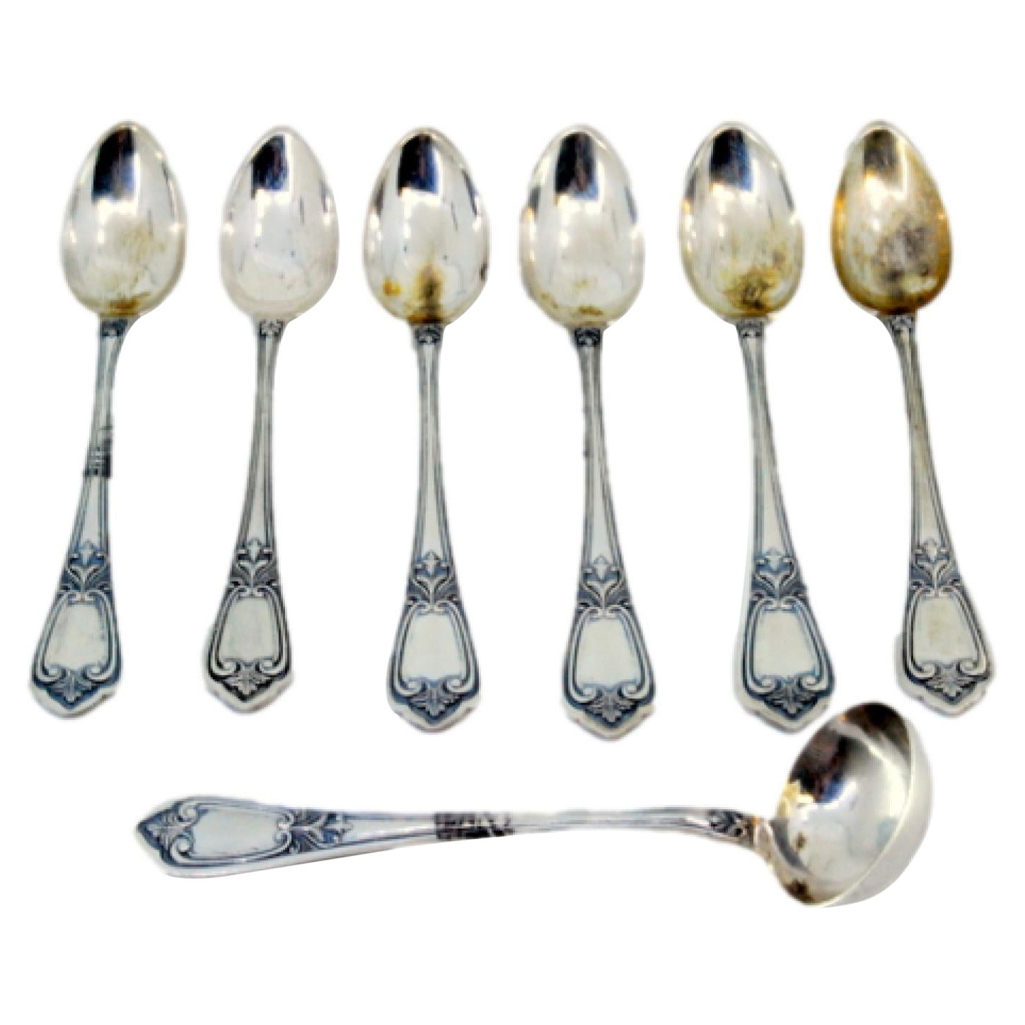 Set of six silver teaspoons and sugar shovels with monogram cards