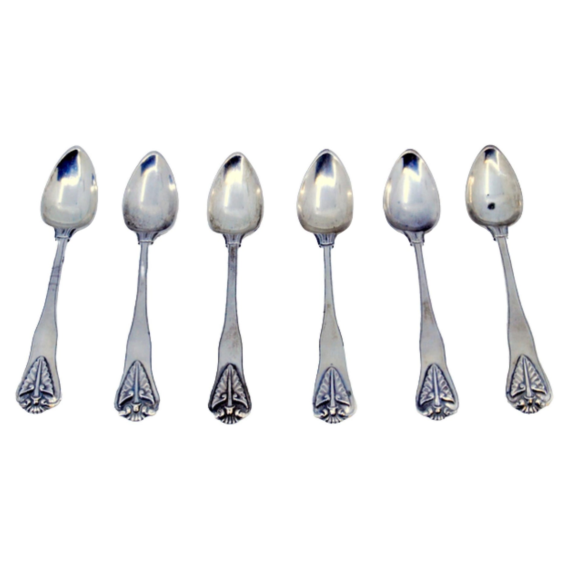 Set of six silver teaspoons with palms in relief on the handles