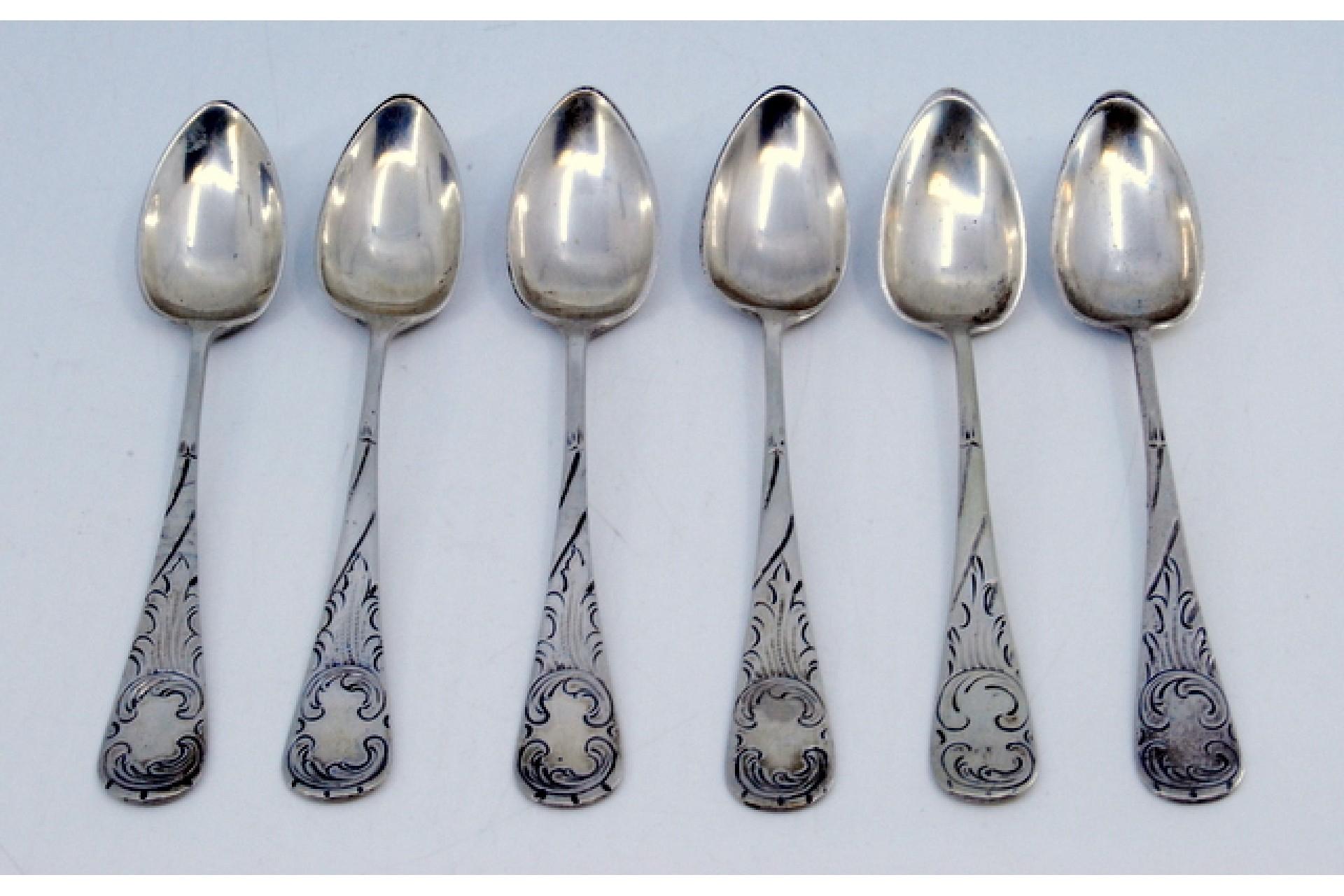 Description: Set of six silver teaspoons with raised scrolls on the handles. Metal: Silver. Origin: Portuguese. Brand: javali II Title. Weight: 112.18 grams (Set of six spoons). Dimensions: 12.5x2.3cm. Content: 833/1000. Assay Mark: Yes, between
