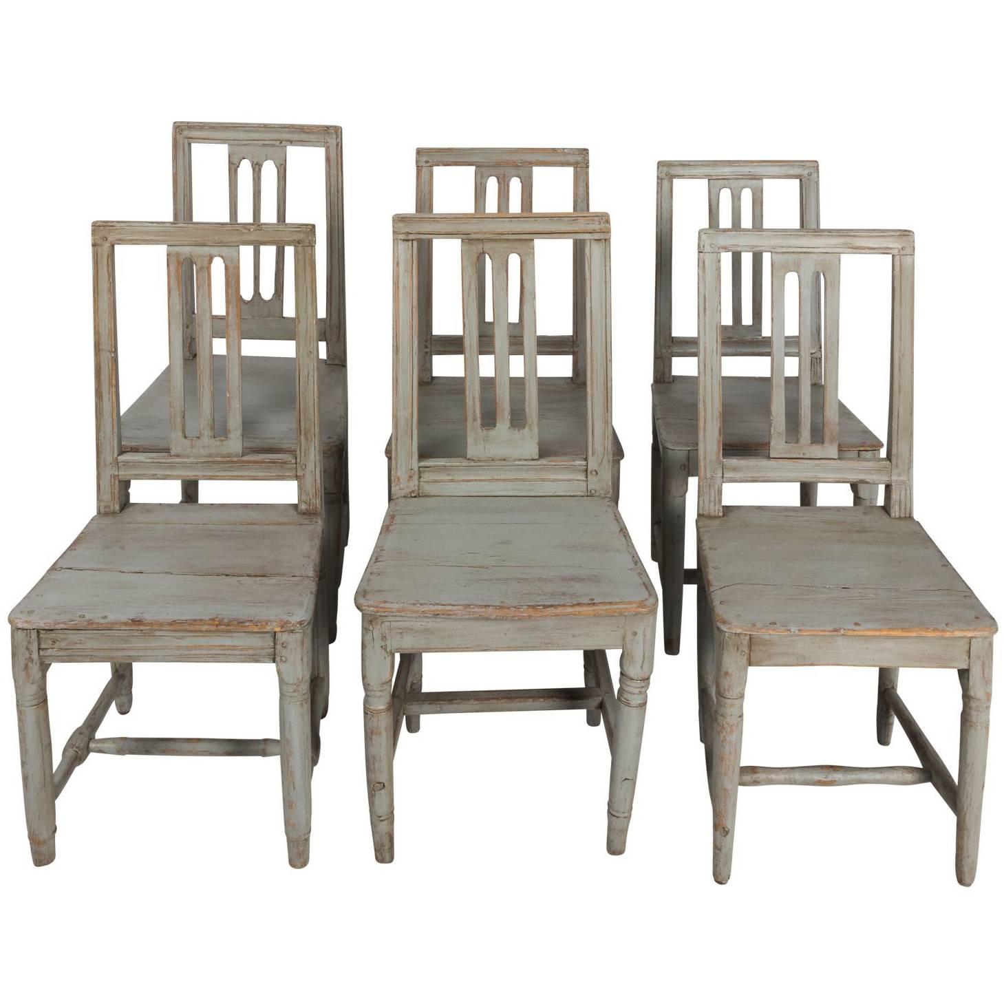 Set of Six Similar Painted Pinewood Chairs For Sale