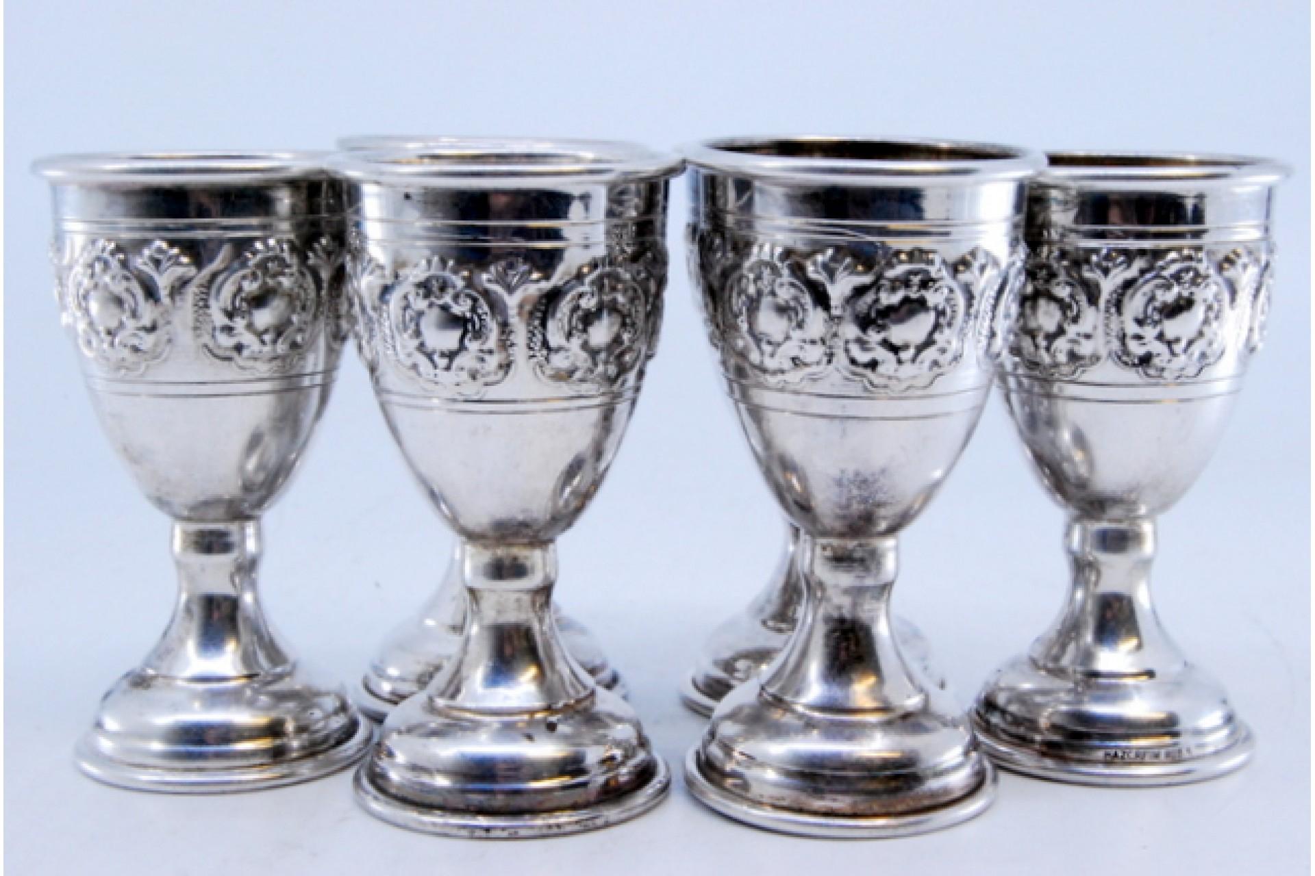 Description: Set of six small silver chalices with reliefs and a smooth base. Metal: Silver. Origin: Israelite. Brand: Azorfim. Weight: 157.07 grams (Set of six Chalices). Dimensions: 6.8x3.4cm. Content: 925/1000. Assay Mark: Absent. Additional