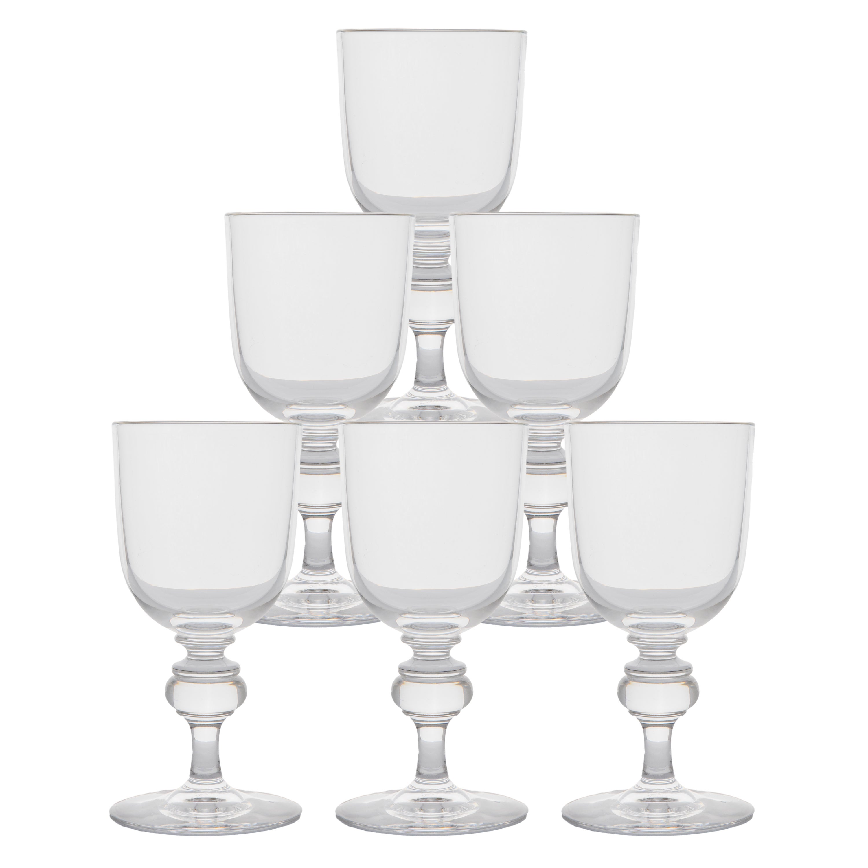Juego de seis copas pequeñas de pedestal de cristal para vino blanco o licor, de forma clásica y diseño limpio.

La base de cada una firmada Steuben en letra, años 60

12,7 cm de alto; 6 cm de diámetro del cuenco

Procedencia: Christie's Nueva York,