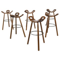 Set of Six Solid 1970s Vintage Western Oak Brutalist Bar Stools, Midcentury