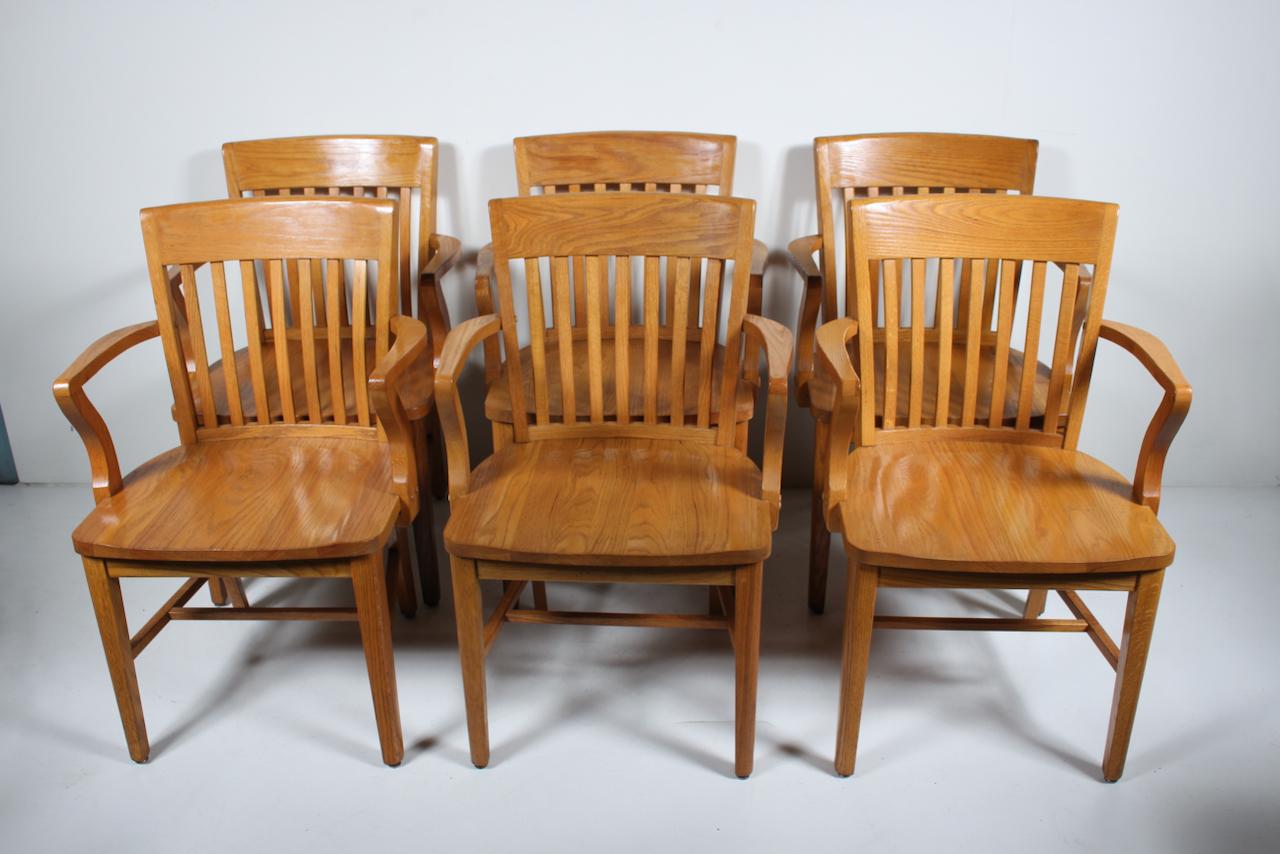 Set of Six Solid Golden Oak Bankers Armchairs, circa 1950 For Sale 14