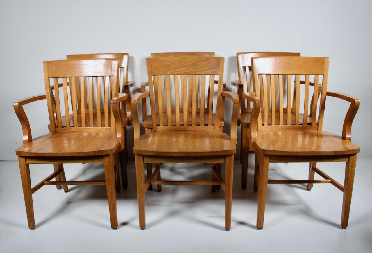 Mid-Century Modern Set of Six Solid Golden Oak Bankers Armchairs, circa 1950 For Sale