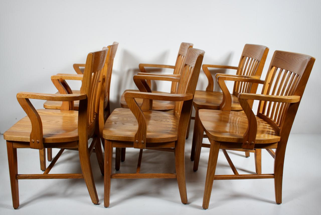 Set of Six Solid Golden Oak Bankers Armchairs, circa 1950 In Good Condition For Sale In Bainbridge, NY