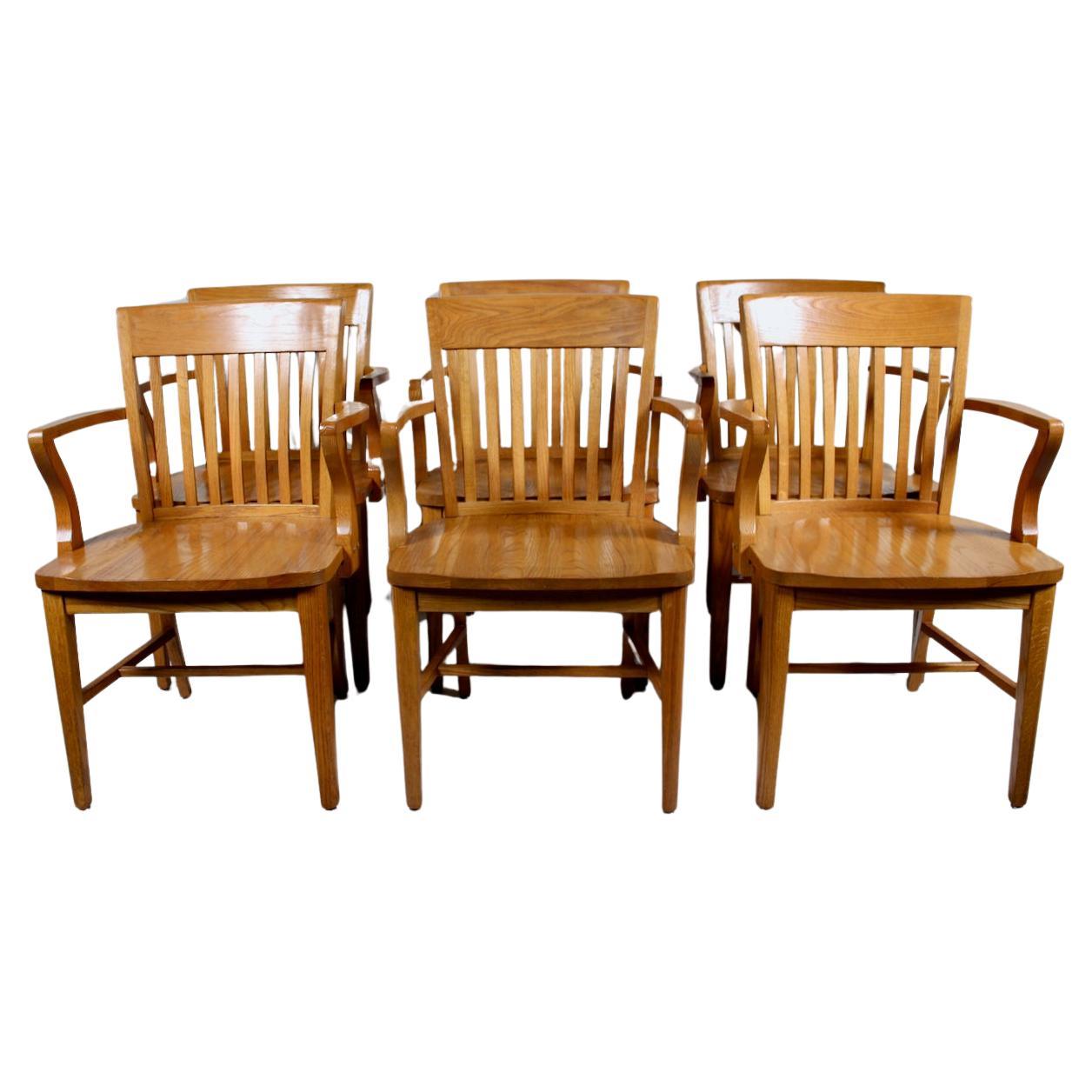 Set of Six Solid Golden Oak Bankers Armchairs, circa 1950 For Sale