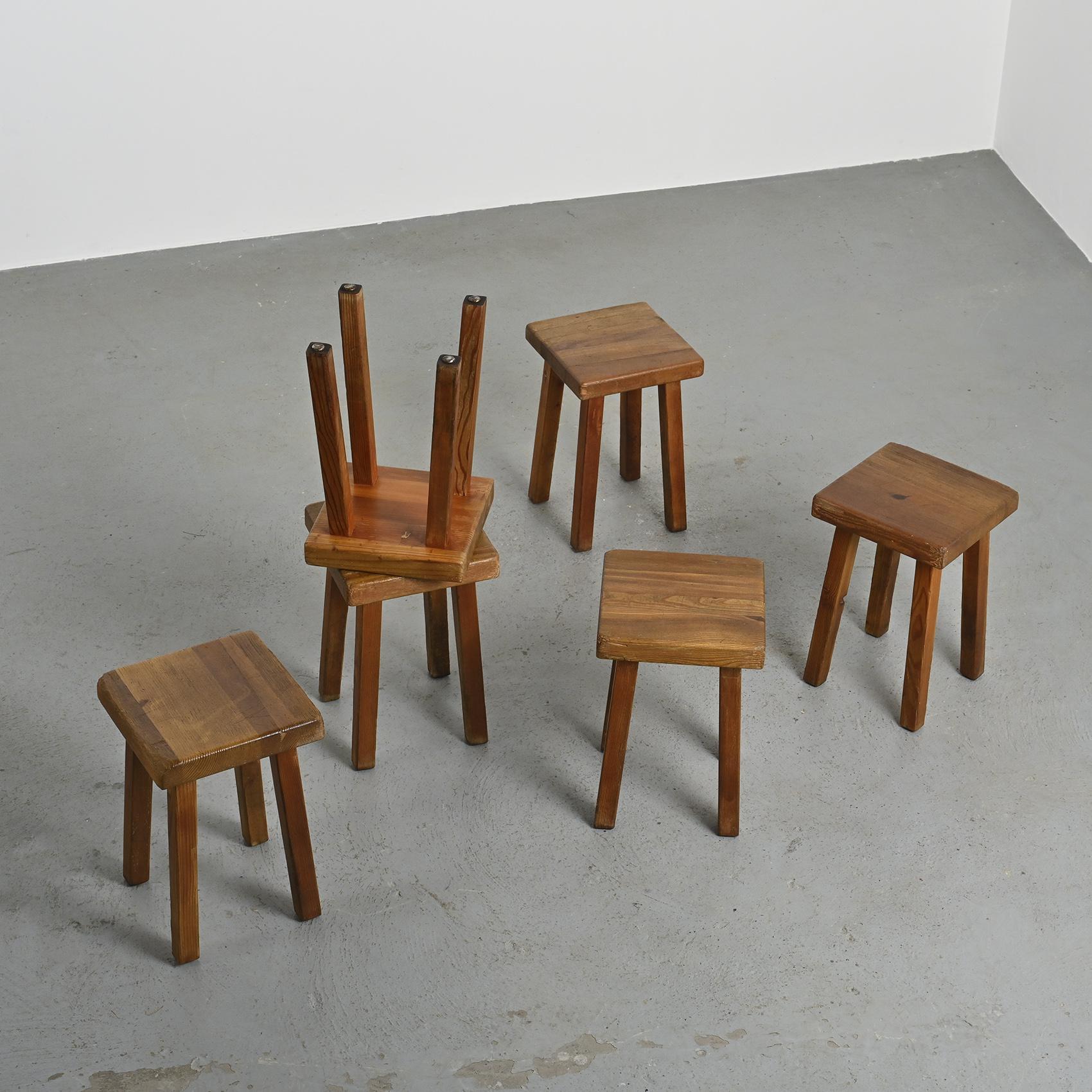 Mid-Century Modern Set of six solid larch stools by Charlotte Perriand, Les Arcs, circa 1985 For Sale