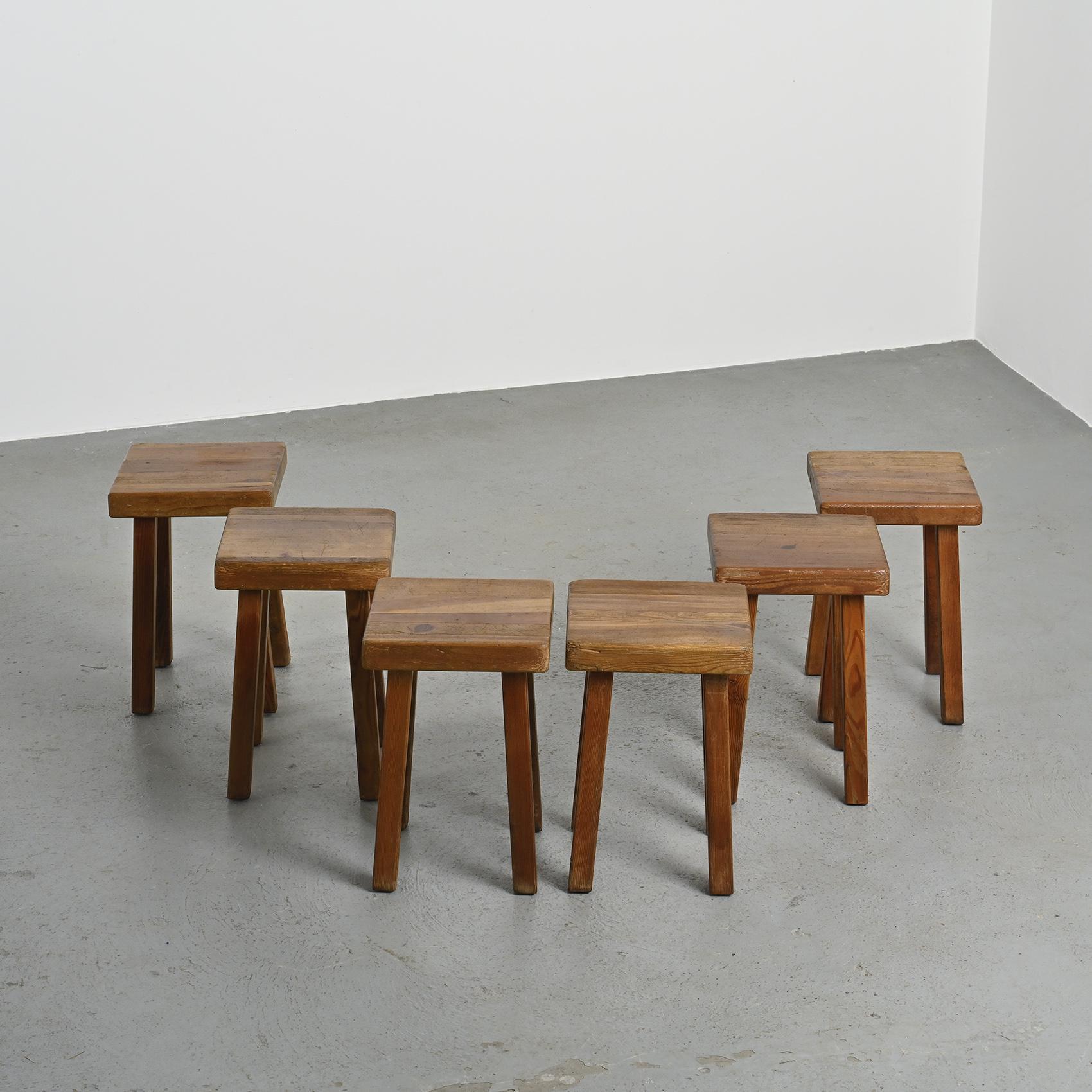 French Set of six solid larch stools by Charlotte Perriand, Les Arcs, circa 1985 For Sale