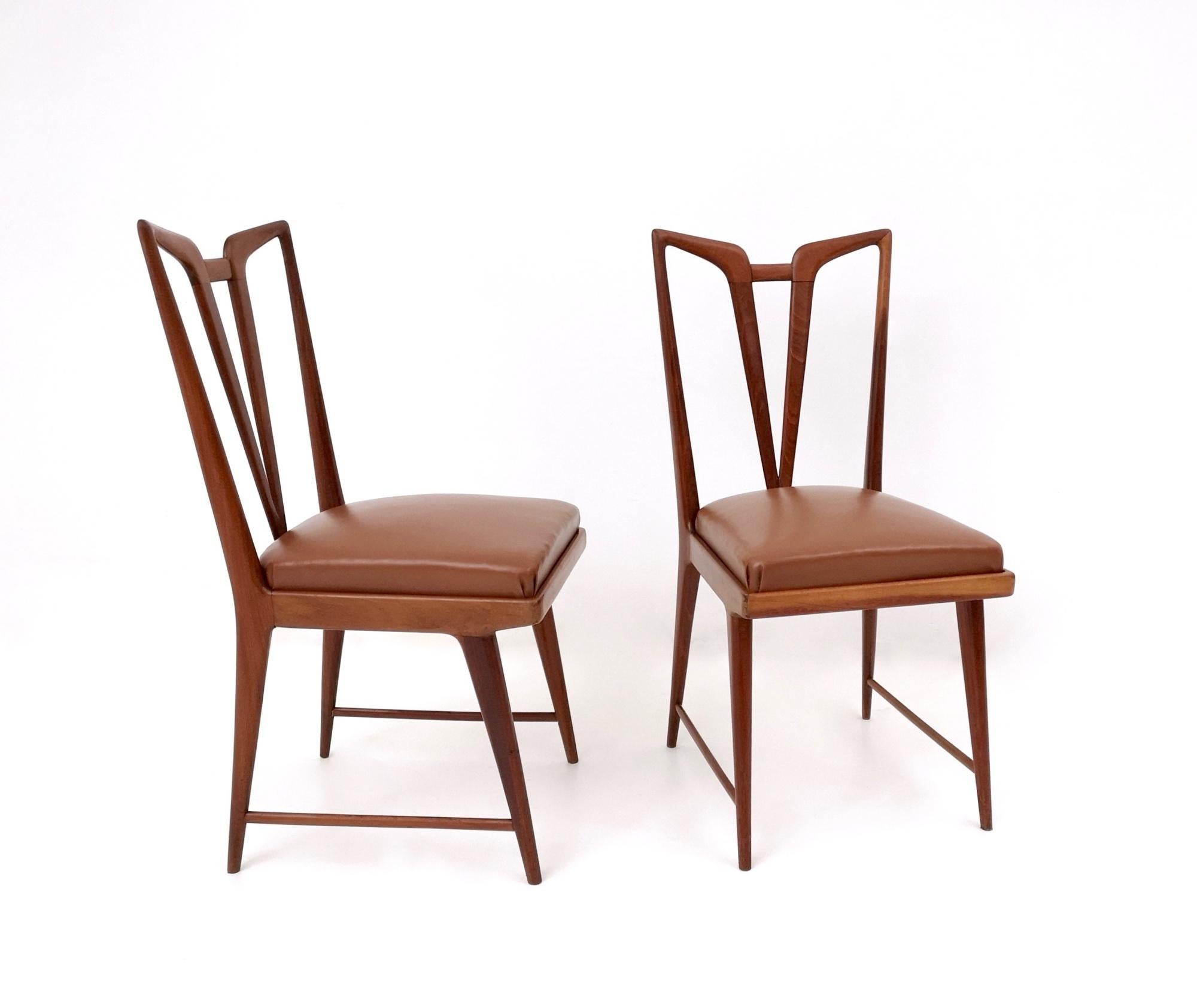 Mid-Century Modern Set of Six Vintage Solid Wood Dining Chairs with Brown Skai Upholstery, Italy