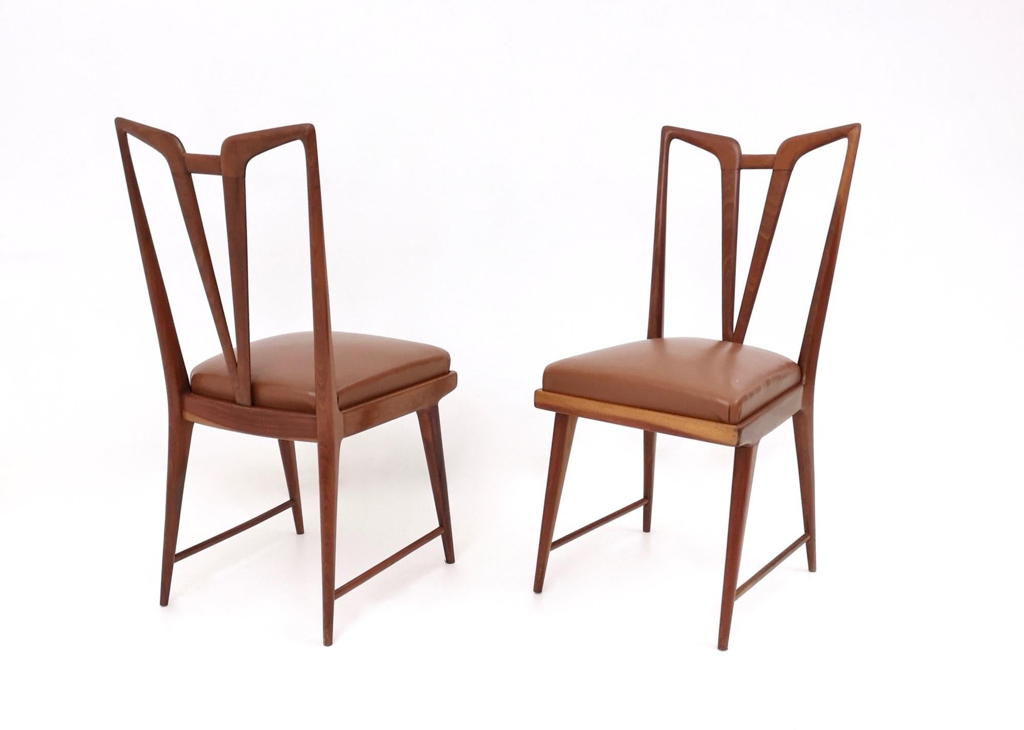 Italian Set of Six Vintage Solid Wood Dining Chairs with Brown Skai Upholstery, Italy