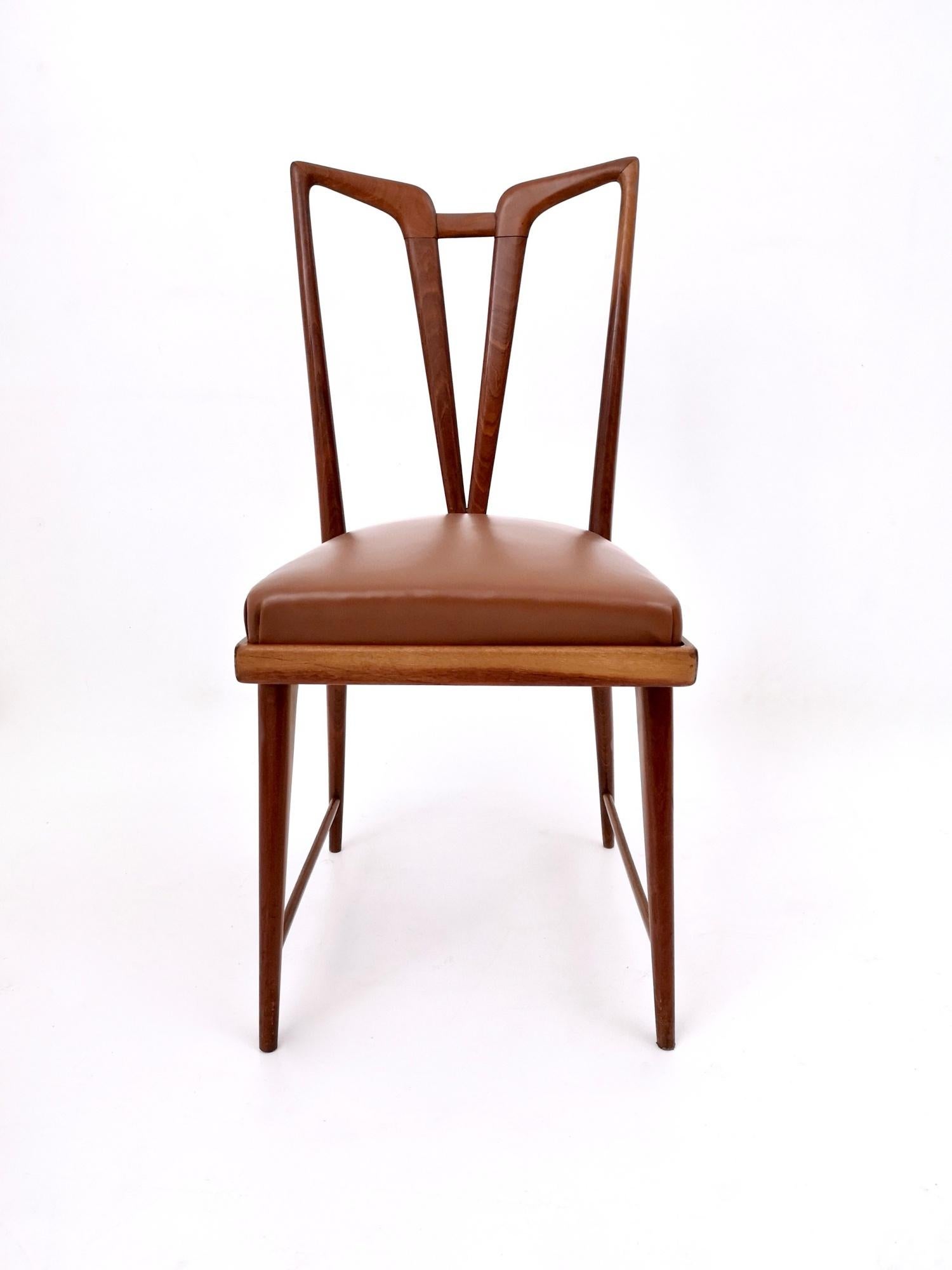 Set of Six Vintage Solid Wood Dining Chairs with Brown Skai Upholstery, Italy In Good Condition In Bresso, Lombardy