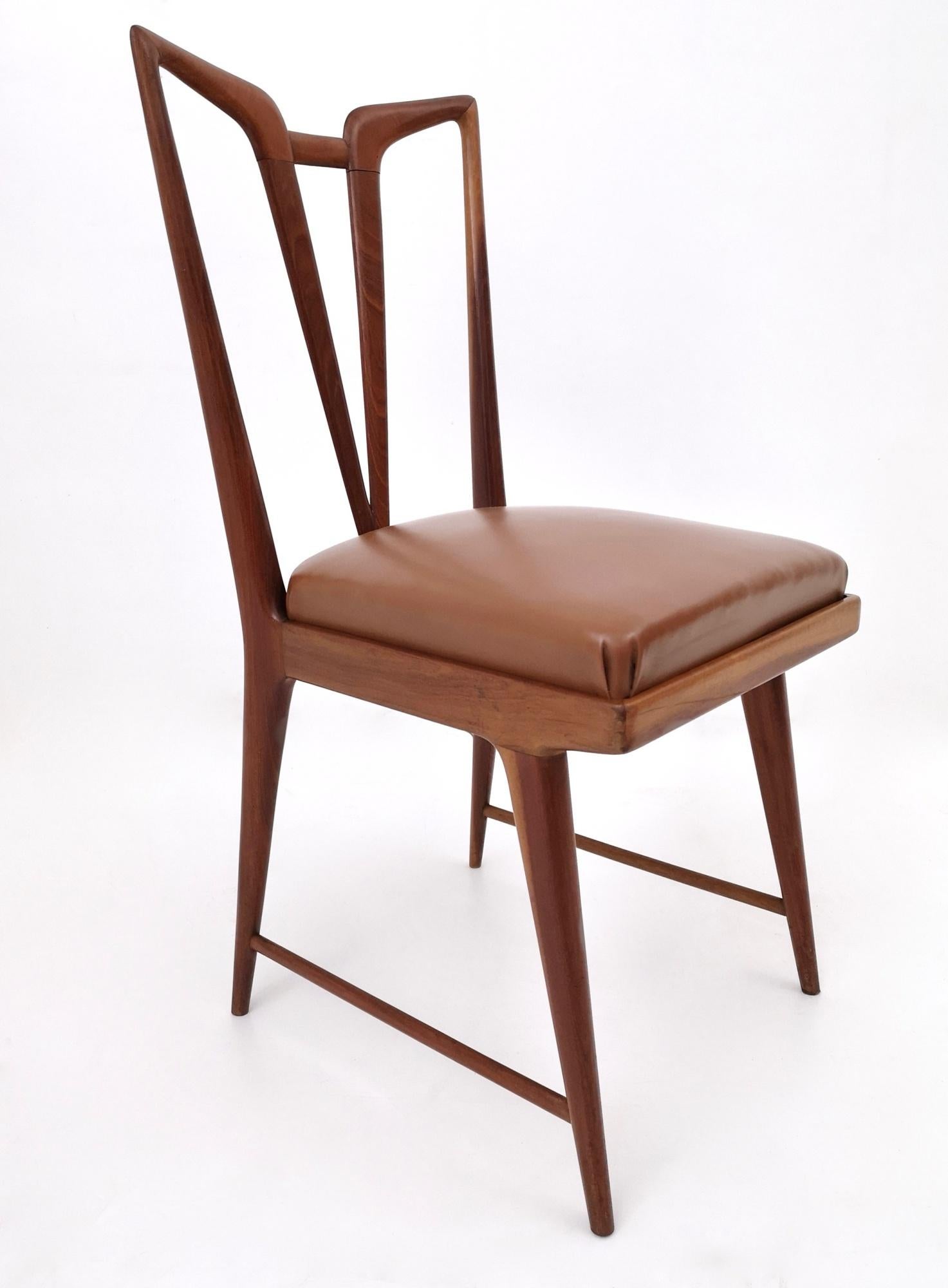 Mid-20th Century Set of Six Vintage Solid Wood Dining Chairs with Brown Skai Upholstery, Italy