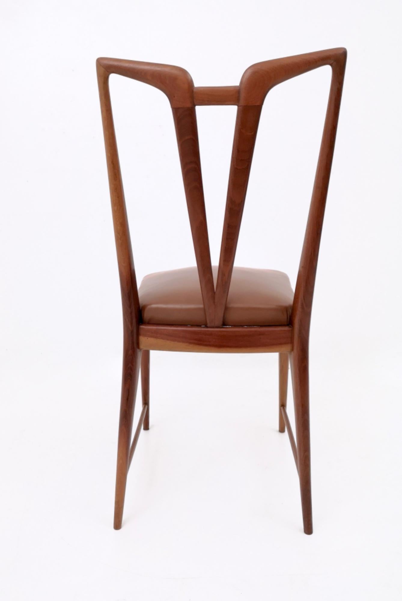 Set of Six Vintage Solid Wood Dining Chairs with Brown Skai Upholstery, Italy 1