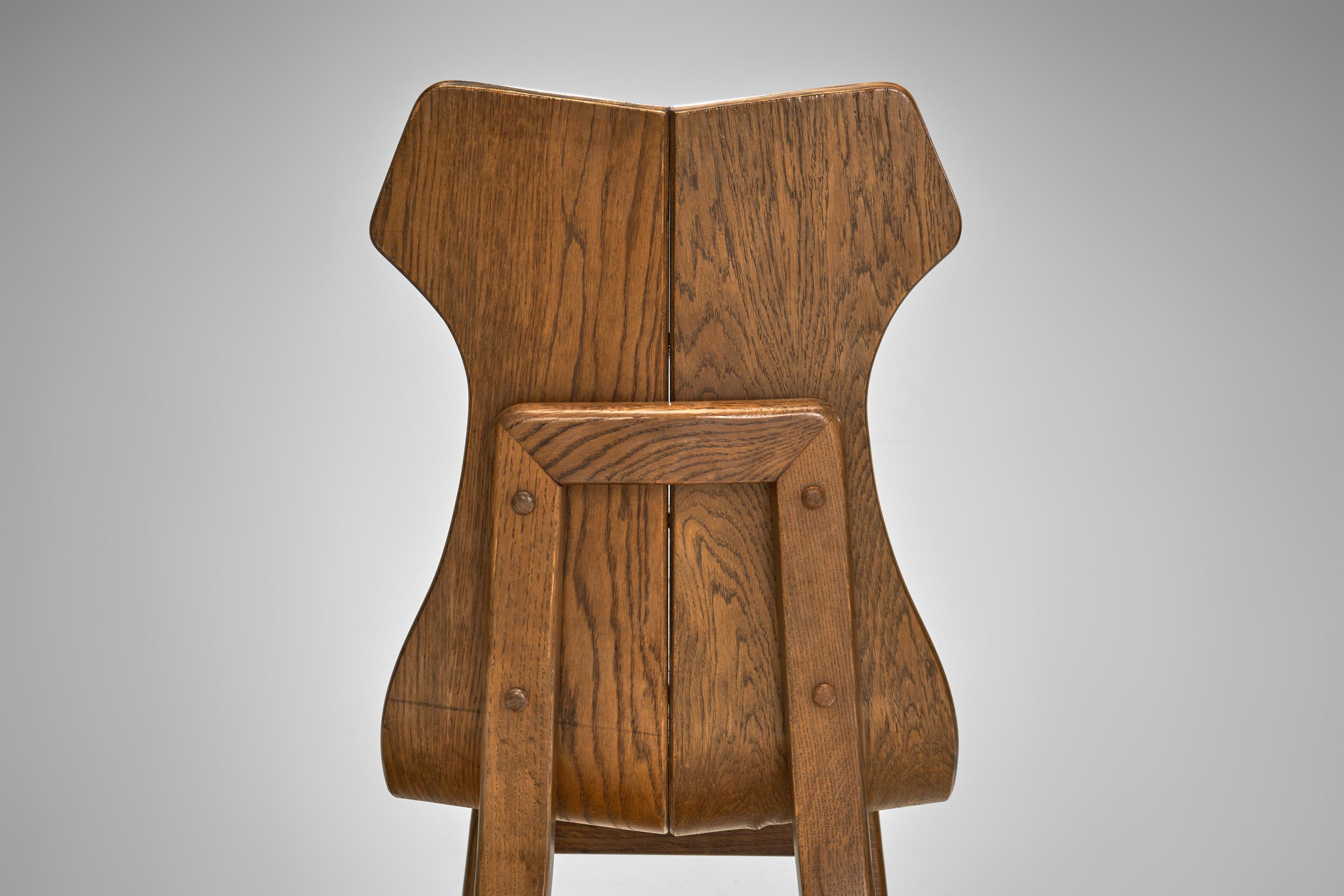 Set of Six Solid Oak Brutalist Dining Chairs, Europe 1950s For Sale 5