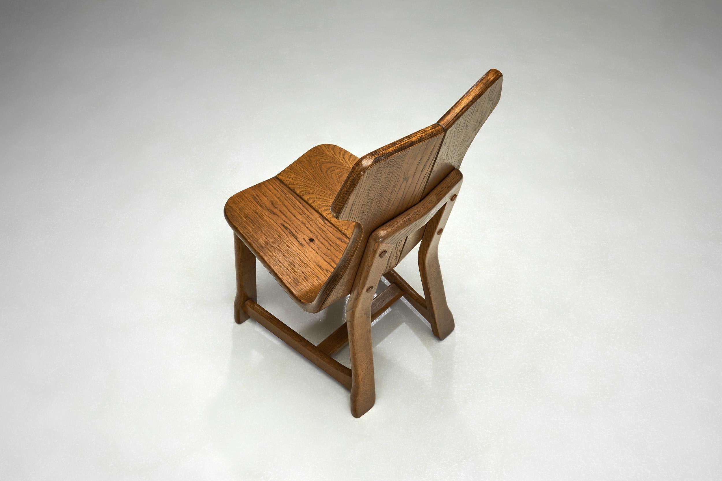 Set of Six Solid Oak Brutalist Dining Chairs, Europe 1950s For Sale 6