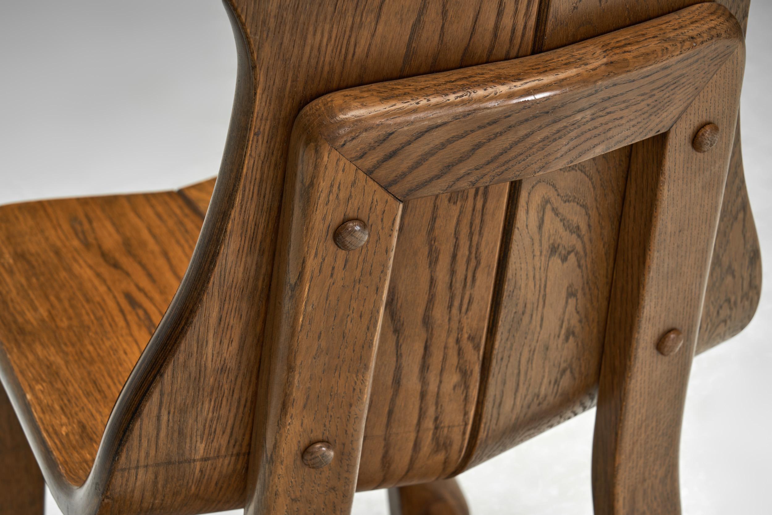 Set of Six Solid Oak Brutalist Dining Chairs, Europe 1950s For Sale 8