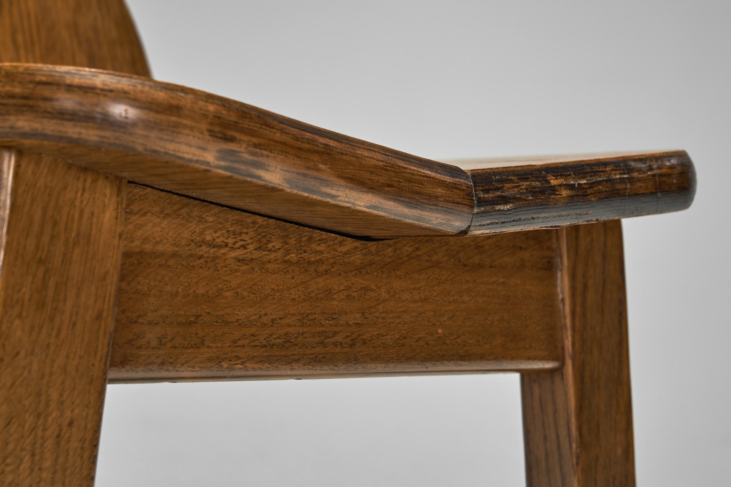 Set of Six Solid Oak Brutalist Dining Chairs, Europe 1950s For Sale 10
