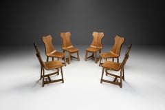 Set of Six Solid Oak Brutalist Dining Chairs, Europe 1950s