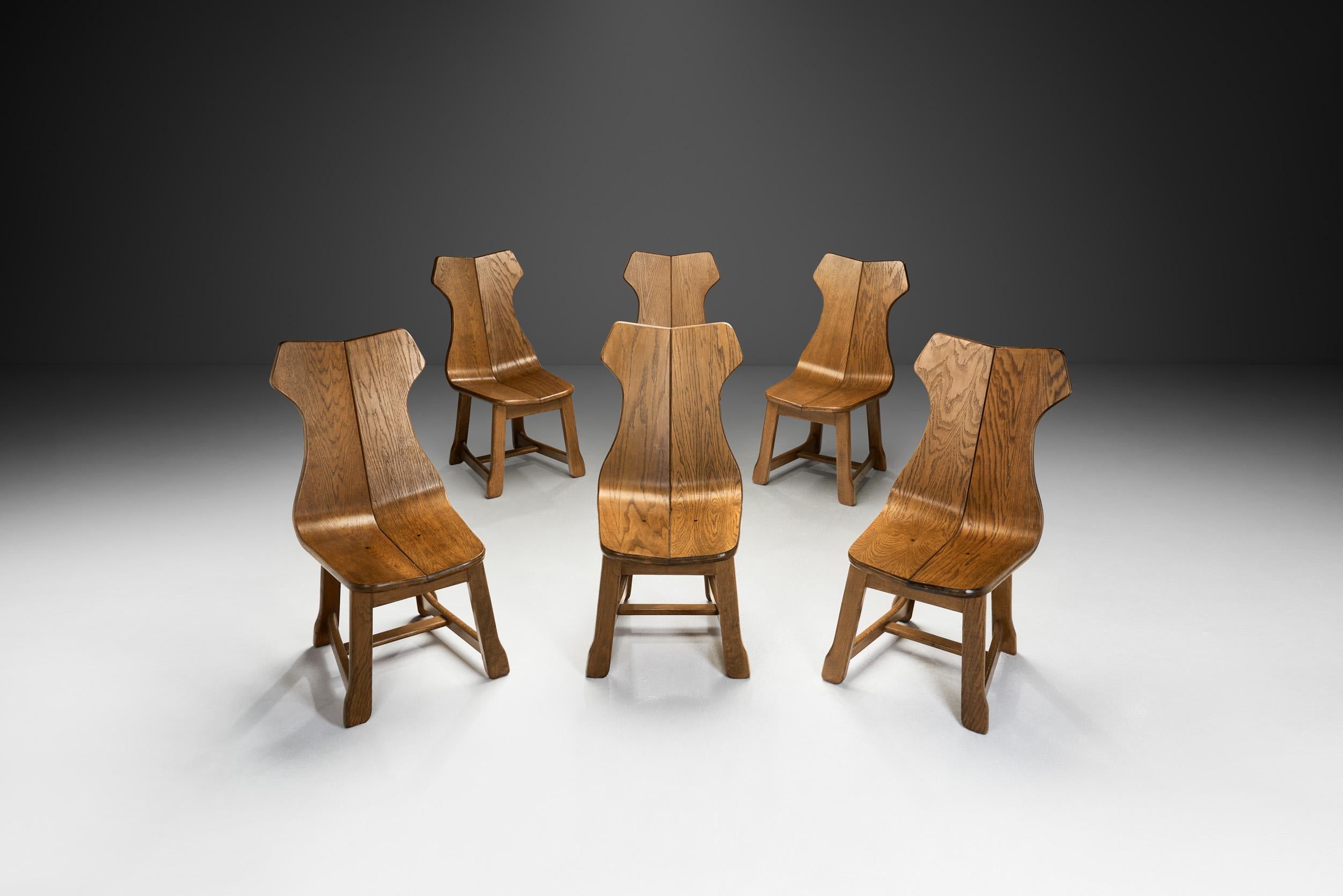 European Set of Six Solid Oak Brutalist Dining Chairs, Europe 1950s For Sale