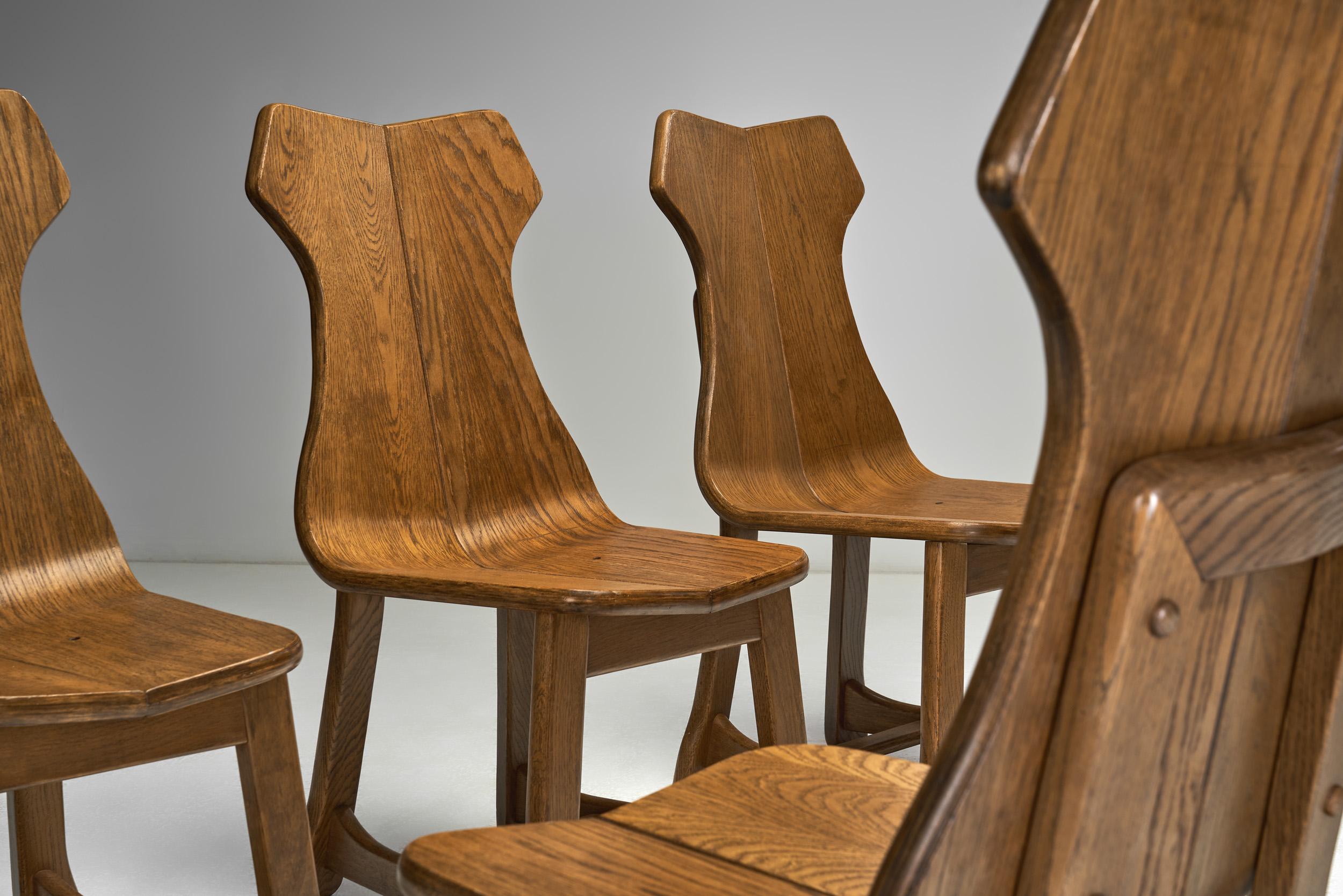 Mid-20th Century Set of Six Solid Oak Brutalist Dining Chairs, Europe 1950s For Sale