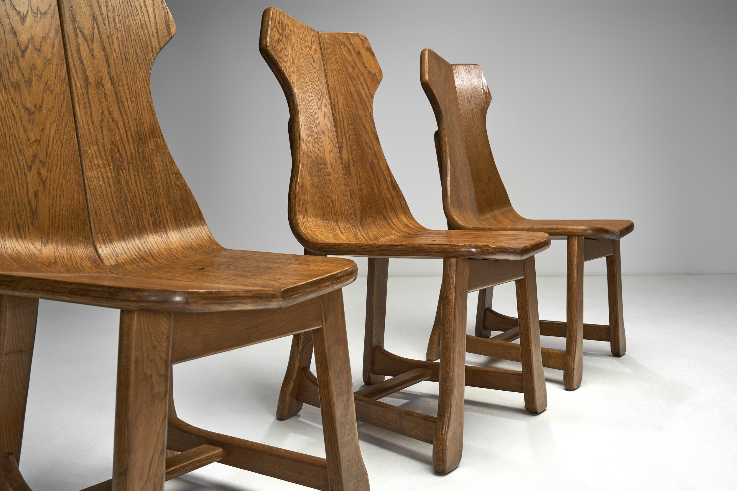 Set of Six Solid Oak Brutalist Dining Chairs, Europe 1950s For Sale 1