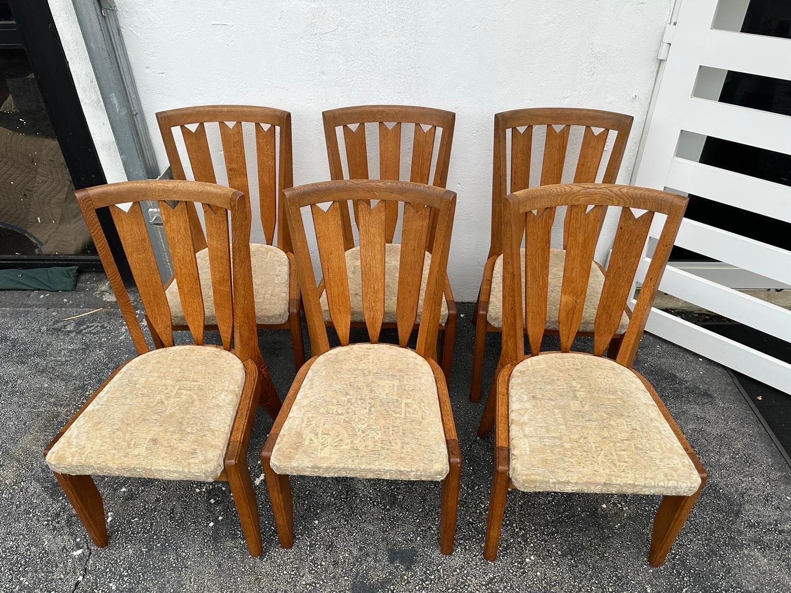 Fabric Set of Six Solid Oak Dining Chairs by Guillerme et Chambron, France, 1960s For Sale