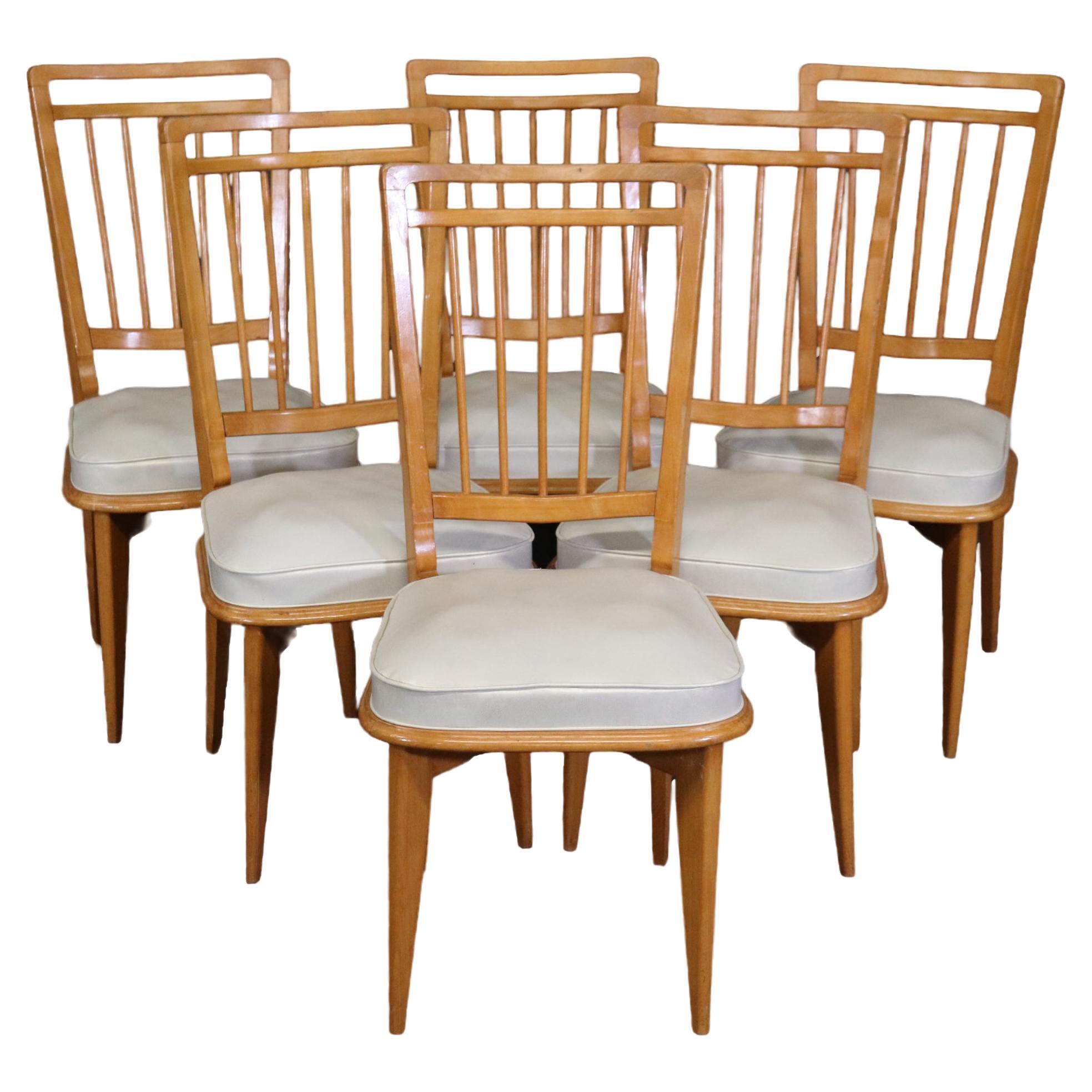 Satz von sechs massiven Sycamore Andre Arbus Stil Mid Century Modern Dining Stühle im Angebot
