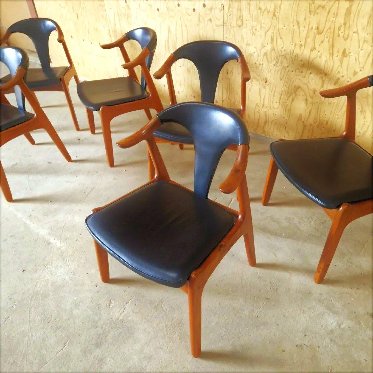 Danish Set of Six Solid Teak and Leather Dining Chairs