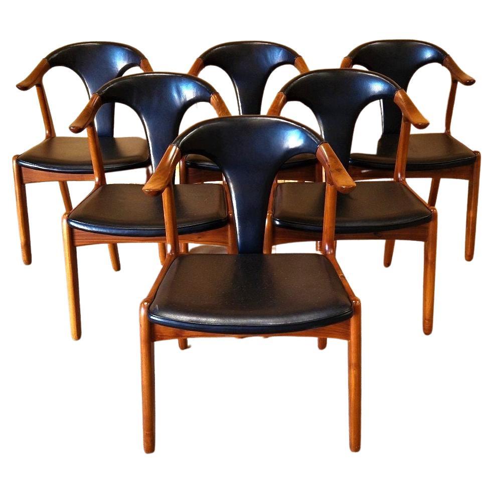 Set of Six Solid Teak and Leather Dining Chairs