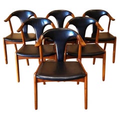 Vintage Set of Six Solid Teak and Leather Dining Chairs