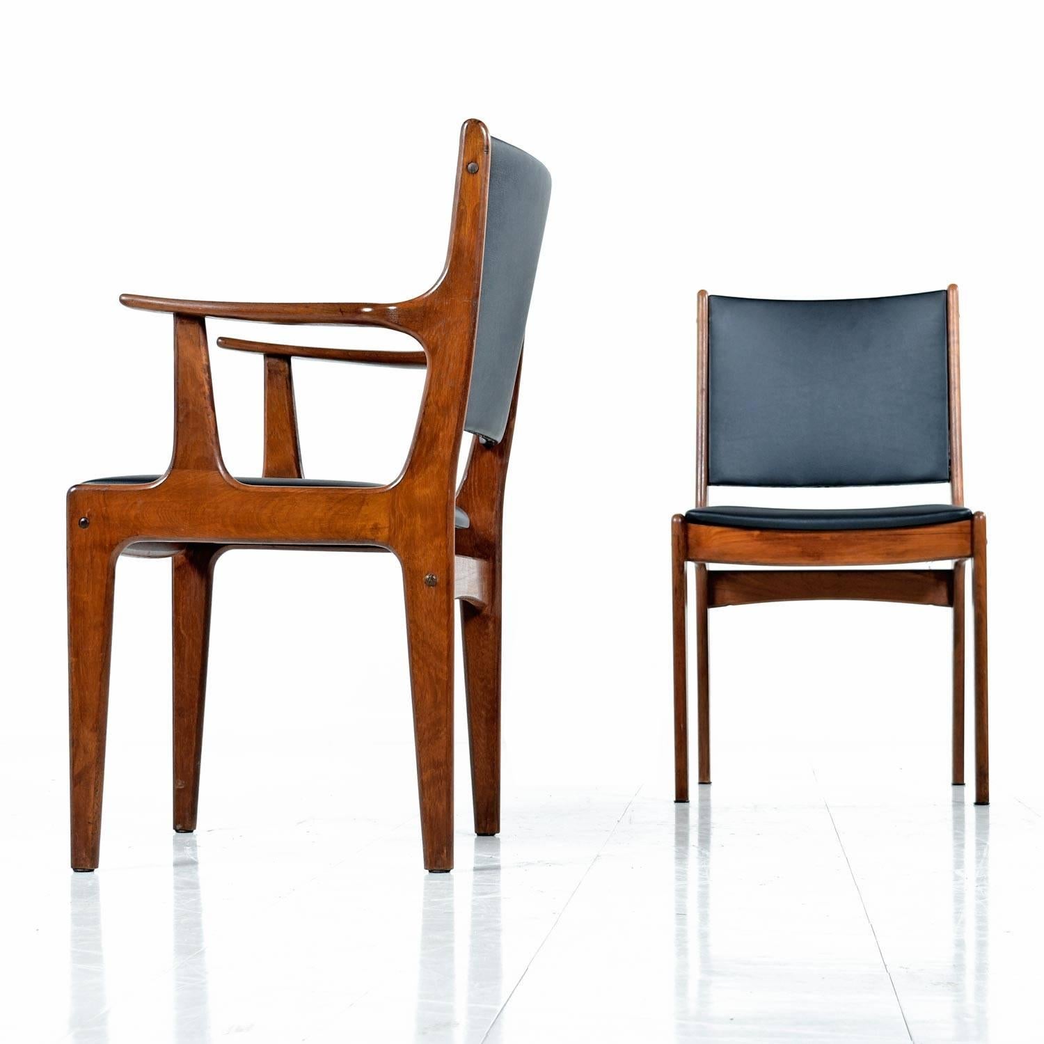 Scandinavian Modern Set of Six Solid Teak Black Vinyl Seat & Back Danish Modern Dining Chairs