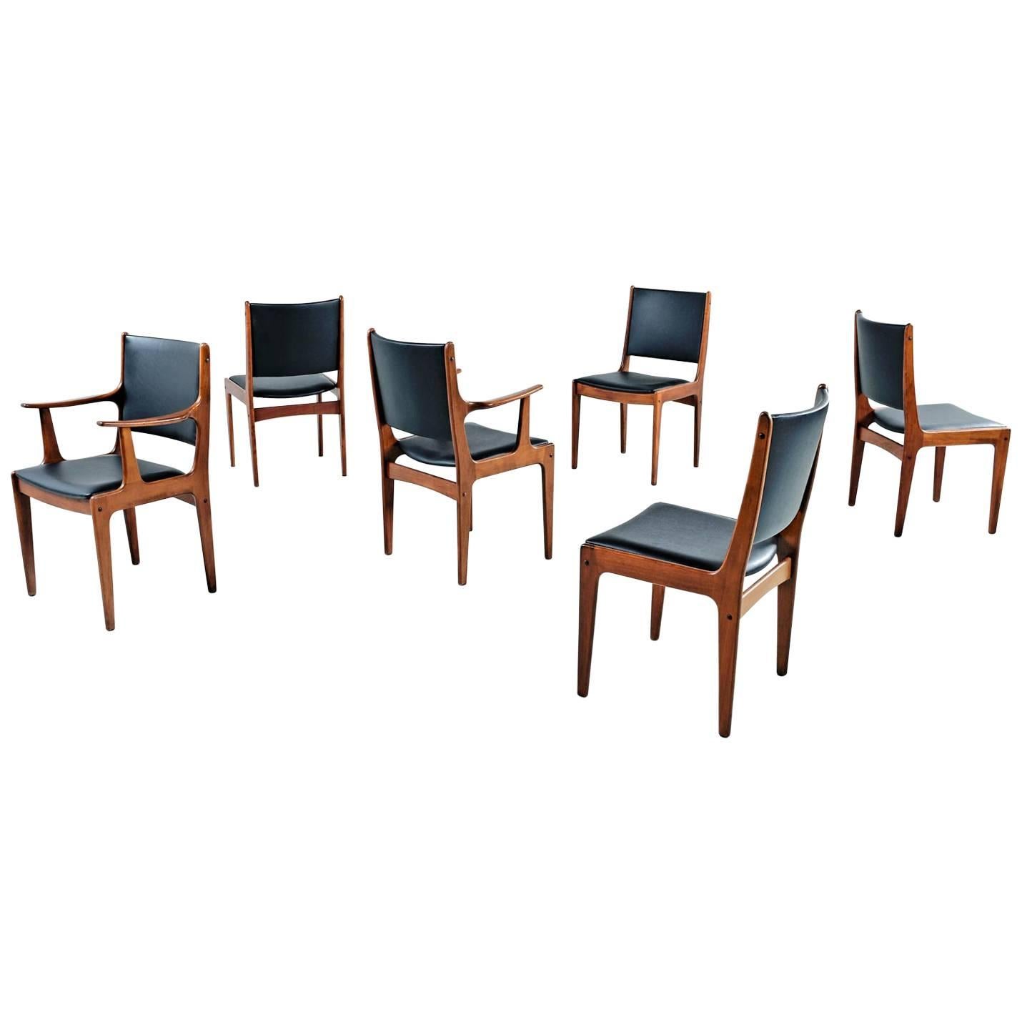 Set of Six Solid Teak Black Vinyl Seat & Back Danish Modern Dining Chairs