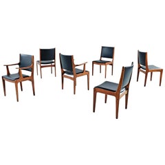 Vintage Set of Six Solid Teak Black Vinyl Seat & Back Danish Modern Dining Chairs