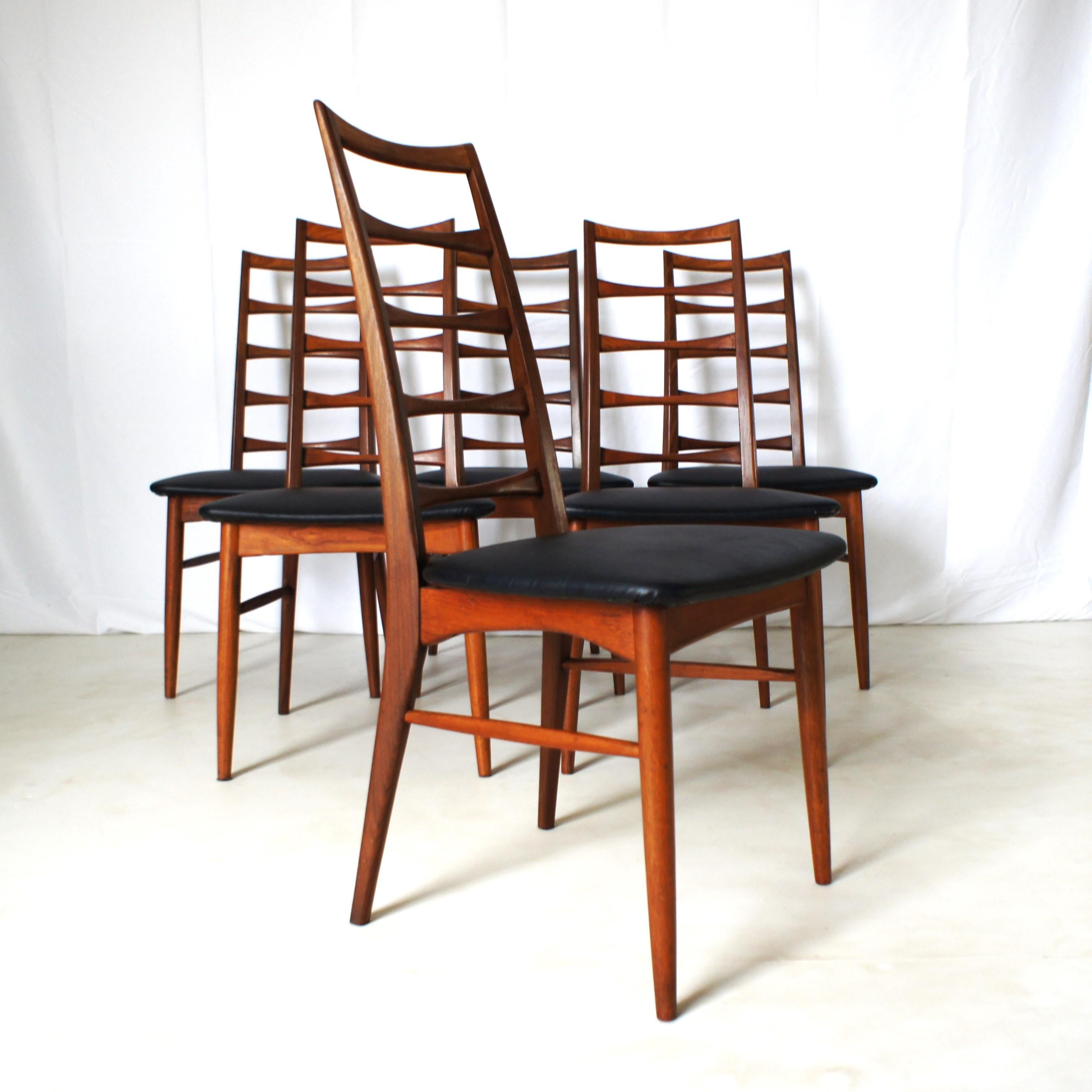 Series of six Scandinavian chairs in solid teak, black imitation leather seats, 