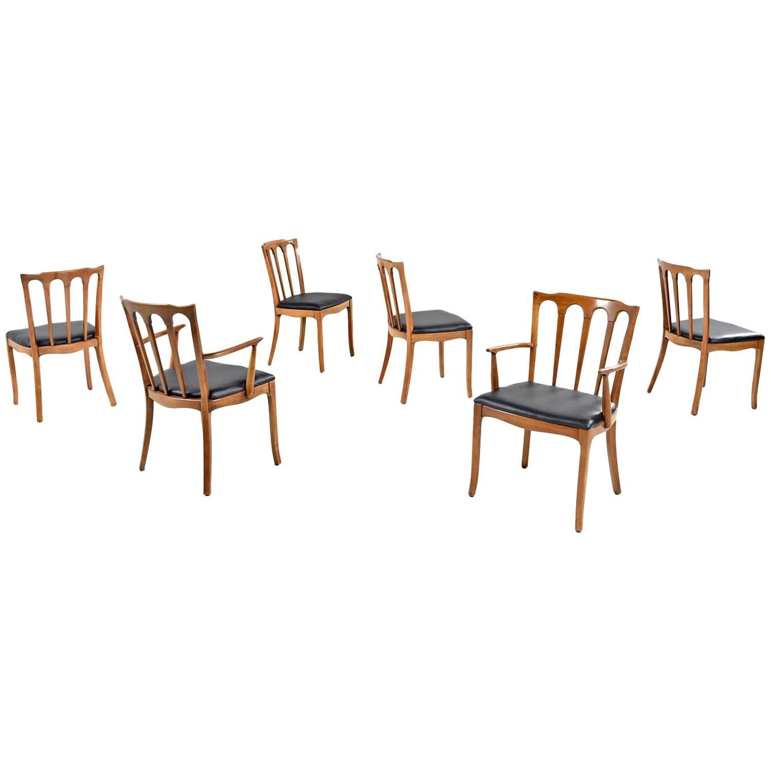 Set of Six Solid Walnut Black Vinyl Seat "Horizon" by Thomasville Dining Chairs