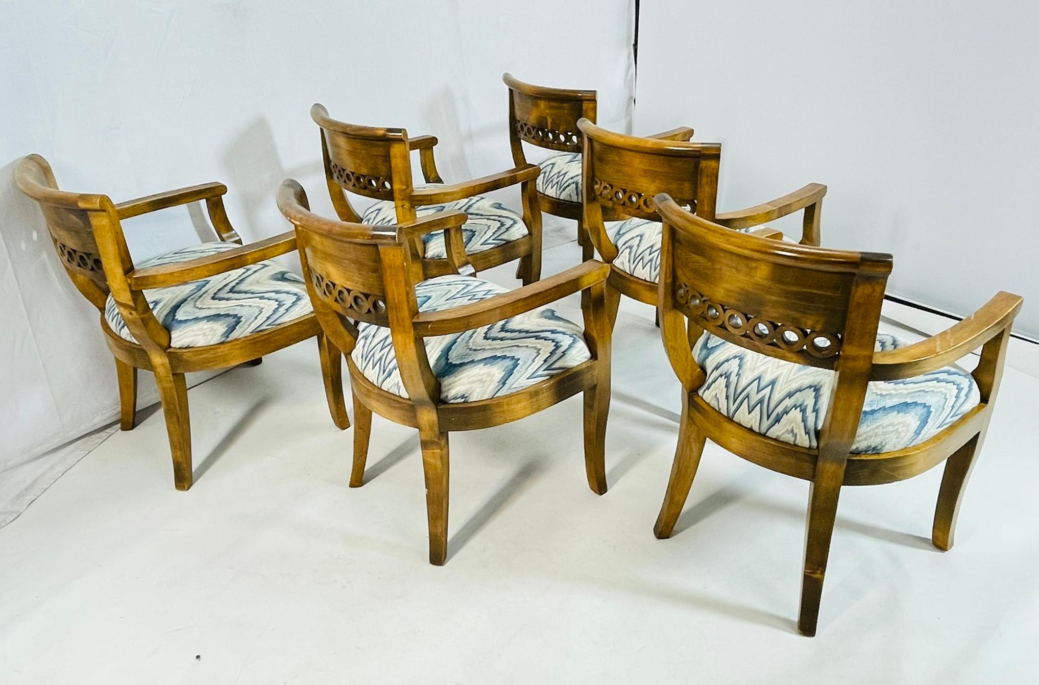 Fabric Set of Six Solid Wood Dining Room Armchairs, USA 1970s For Sale
