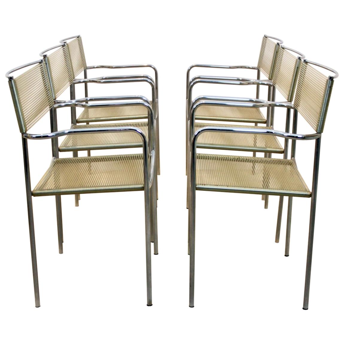 Stylish set of six stackable spaghetti chairs manufactured by Alias in the 70s, branded on the frame. Designed by Giandomenico Belotti, these chairs are included in the collection of the Museum of Modern Art (MoMA) in New York. The chairs have a