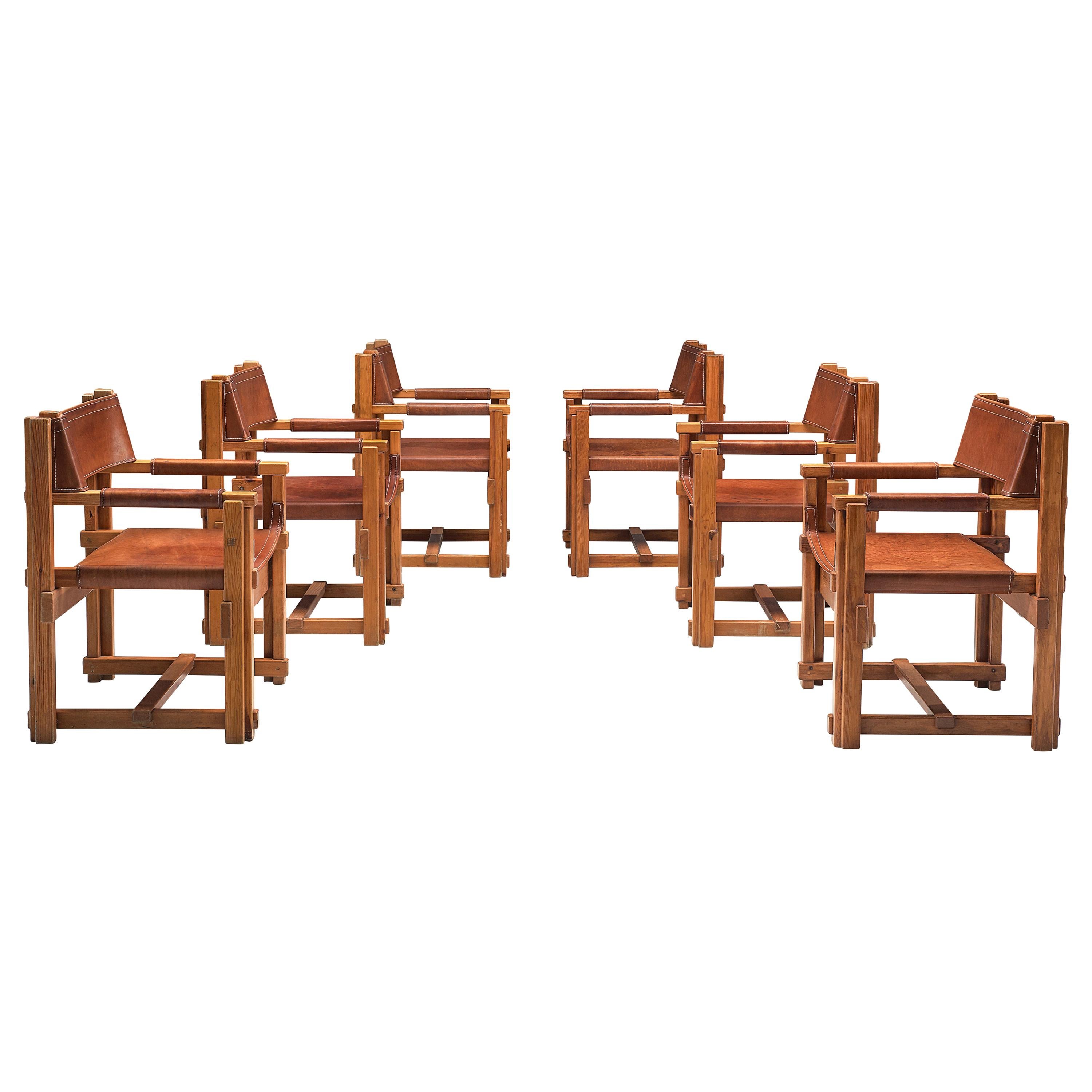 Set of Six Spanish Armchairs in Pine and Cognac Leather by Joan Pou