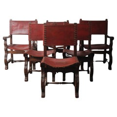 Antique Set of Six Spanish Colonial Revival Leather and Oak Chairs, Early 20th Century