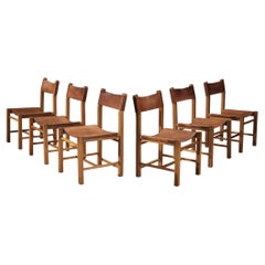 Set of Six Spanish Dining Chairs in Mahogany with Saddle Leather