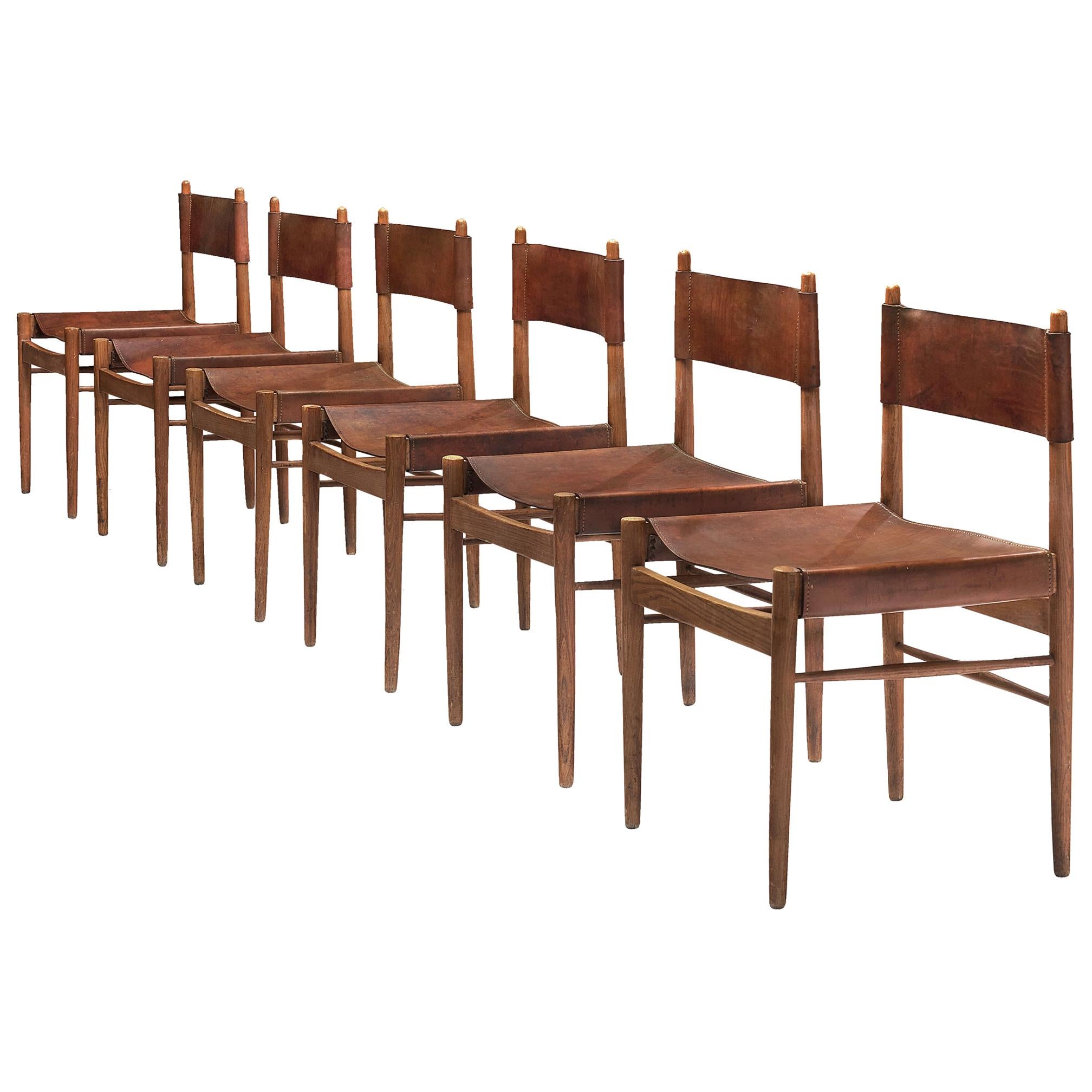 Set of Six Spanish Dining Chairs in Oak with Saddle Leather at 1stDibs