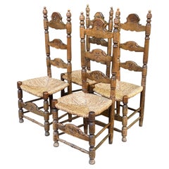 Set of Six Spanish Ladderback Dining Chairs, Carved Oak and Rush, 1950s