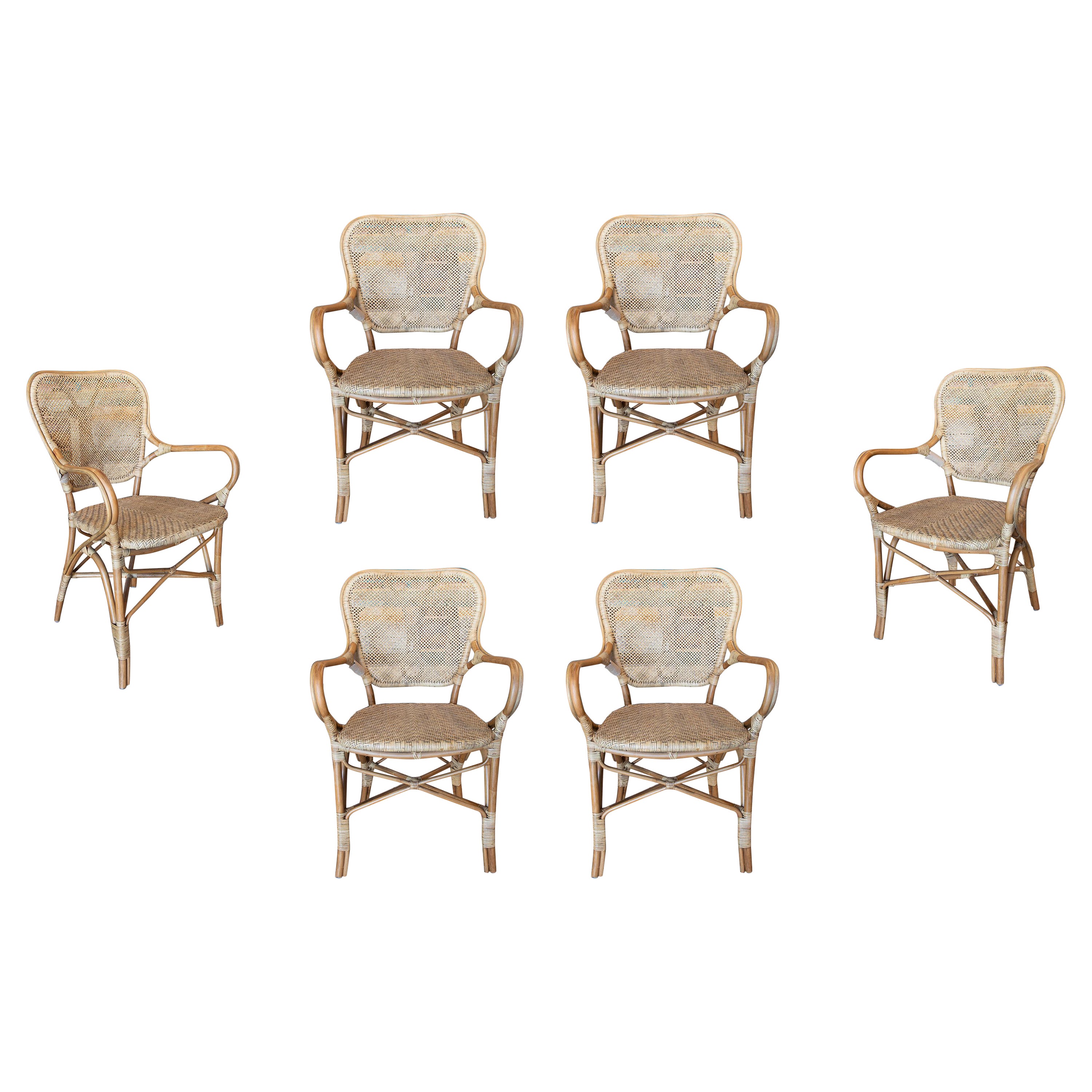 Set of Six Spanish Woven Cane 
Bamboo Armchairs
