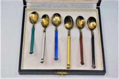 Set of six spoons in enameled silver and gold ladle, case included