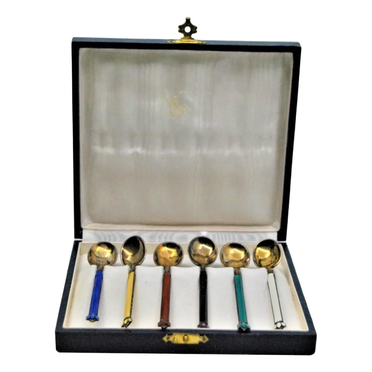 Set of six spoons in enameled silver and gold ladle, case included