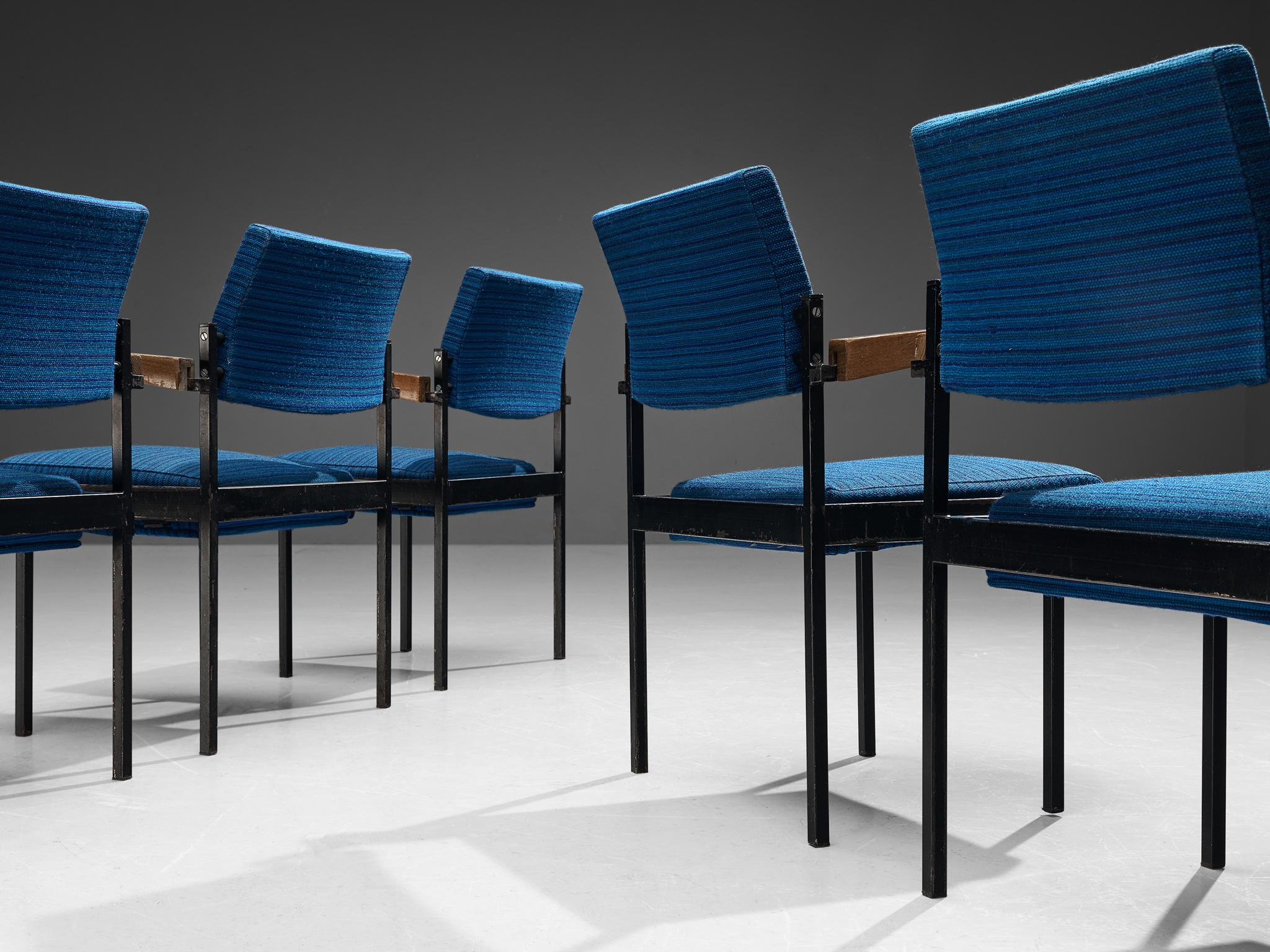 Mid-Century Modern Set of Six Stackable Armchairs in Blue Upholstery and Black Metal Frame For Sale