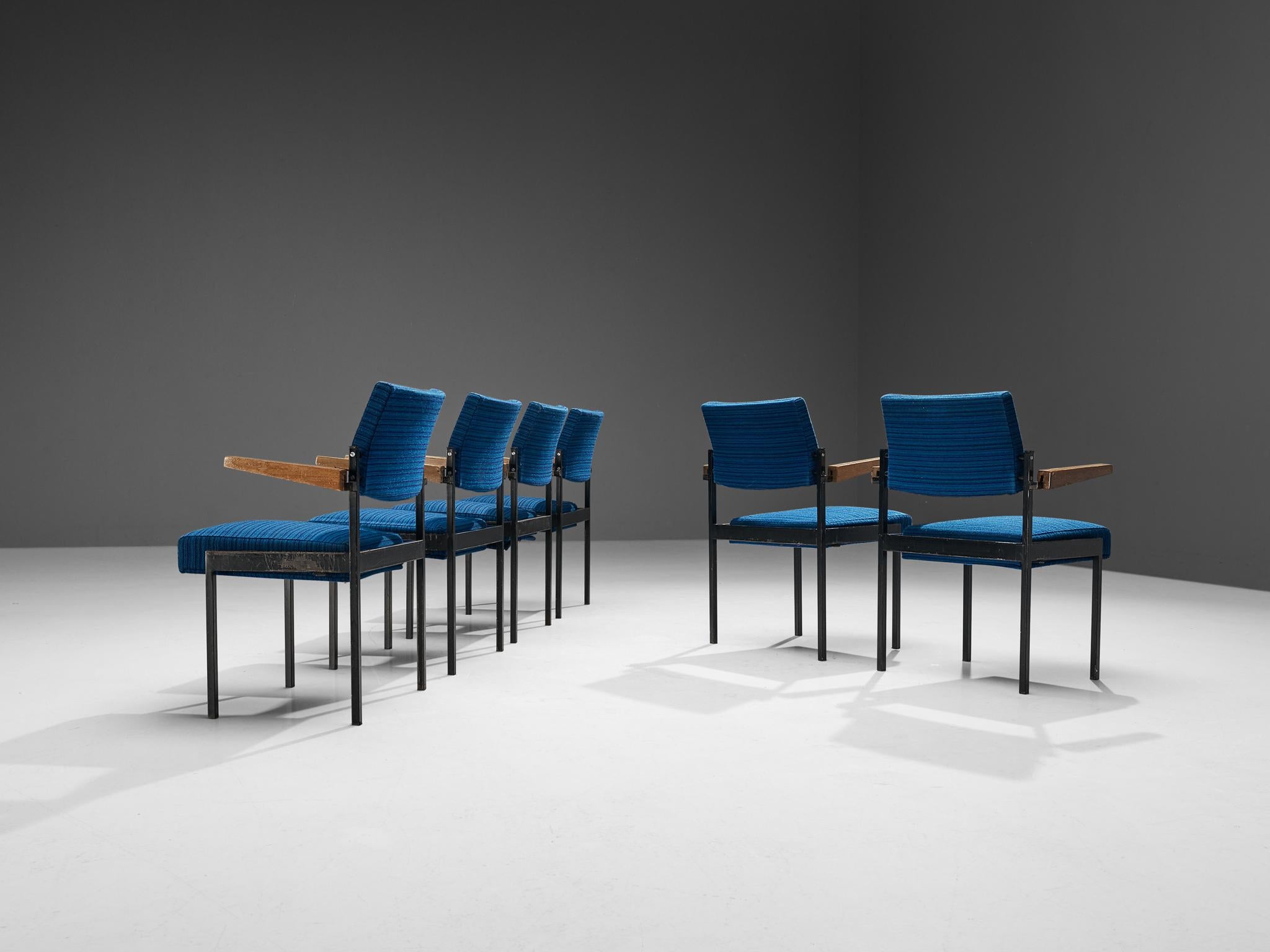 Dutch Set of Six Stackable Armchairs in Blue Upholstery and Black Metal Frame For Sale